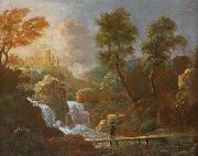 Landschap figuur op een brug bij een waterval unknow artist